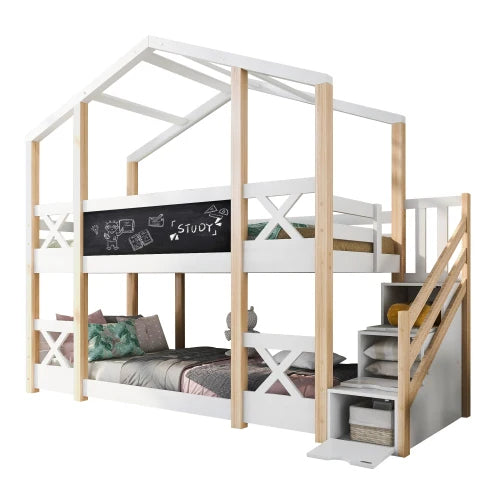 Child bed tree house with storage and fall arrest device, 90 x 200 cm, child bunk bed -2x Flat noodles frame, white