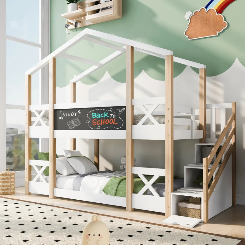 Child bed tree house with storage and fall arrest device, 90 x 200 cm, child bunk bed -2x Flat noodles frame, white