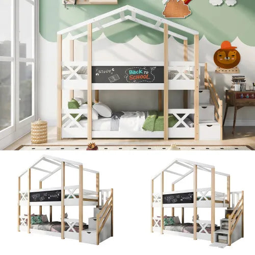 Child bed tree house with storage and fall arrest device, 90 x 200 cm, child bunk bed -2x Flat noodles frame, white
