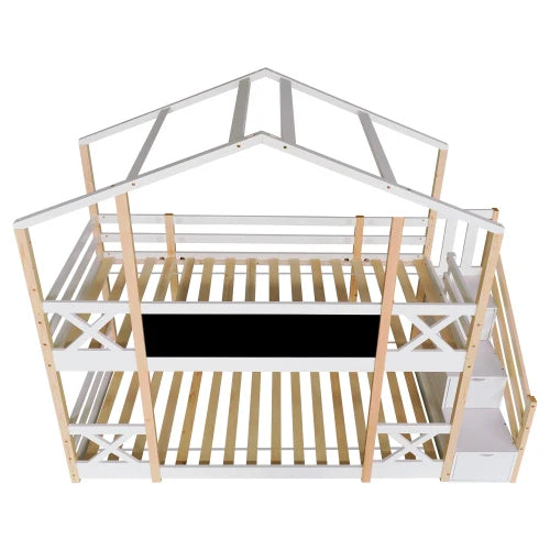 Child bed tree house with storage and fall arrest device, 90 x 200 cm, child bunk bed -2x Flat noodles frame, white