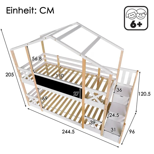 Child bed tree house with storage and fall arrest device, 90 x 200 cm, child bunk bed -2x Flat noodles frame, white