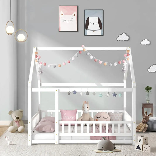 -Children Beds Full Size Floor Bed Frame with Roof Wooden Montessori Bed with Fence House Bed for Boys Girls Bedroom White
