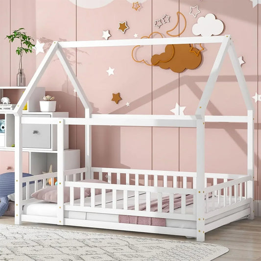 -Children Beds Full Size Floor Bed Frame with Roof Wooden Montessori Bed with Fence House Bed for Boys Girls Bedroom White
