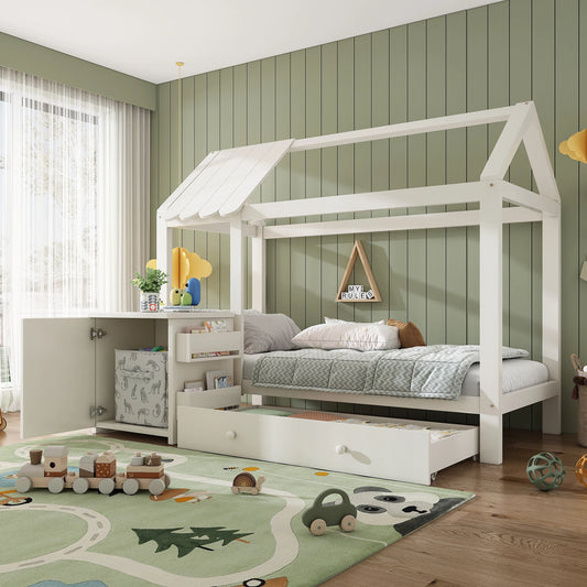 Baby crib 90x200 cm solid wood, with drawers and a movable bedside table - white floor bed, without mattress, bed frame