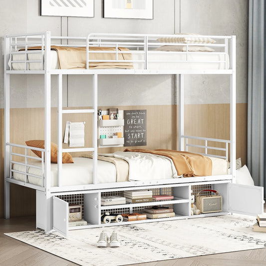 Iron Frame Bunk Bed 90x200 cm, Open Shoe Cabinet, Double Door Wardrobe, White