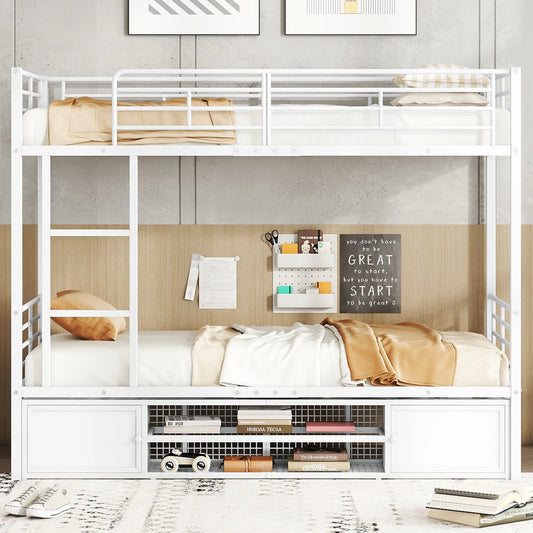 Iron Frame Bunk Bed 90x200 cm, Open Shoe Cabinet, Double Door Wardrobe, White