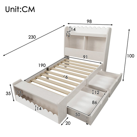 Kids Single Bed with Drawers, Shelf & Storage Bench, Wood Bed Frame with Slatted Base, White+Oak, 90x190 cm